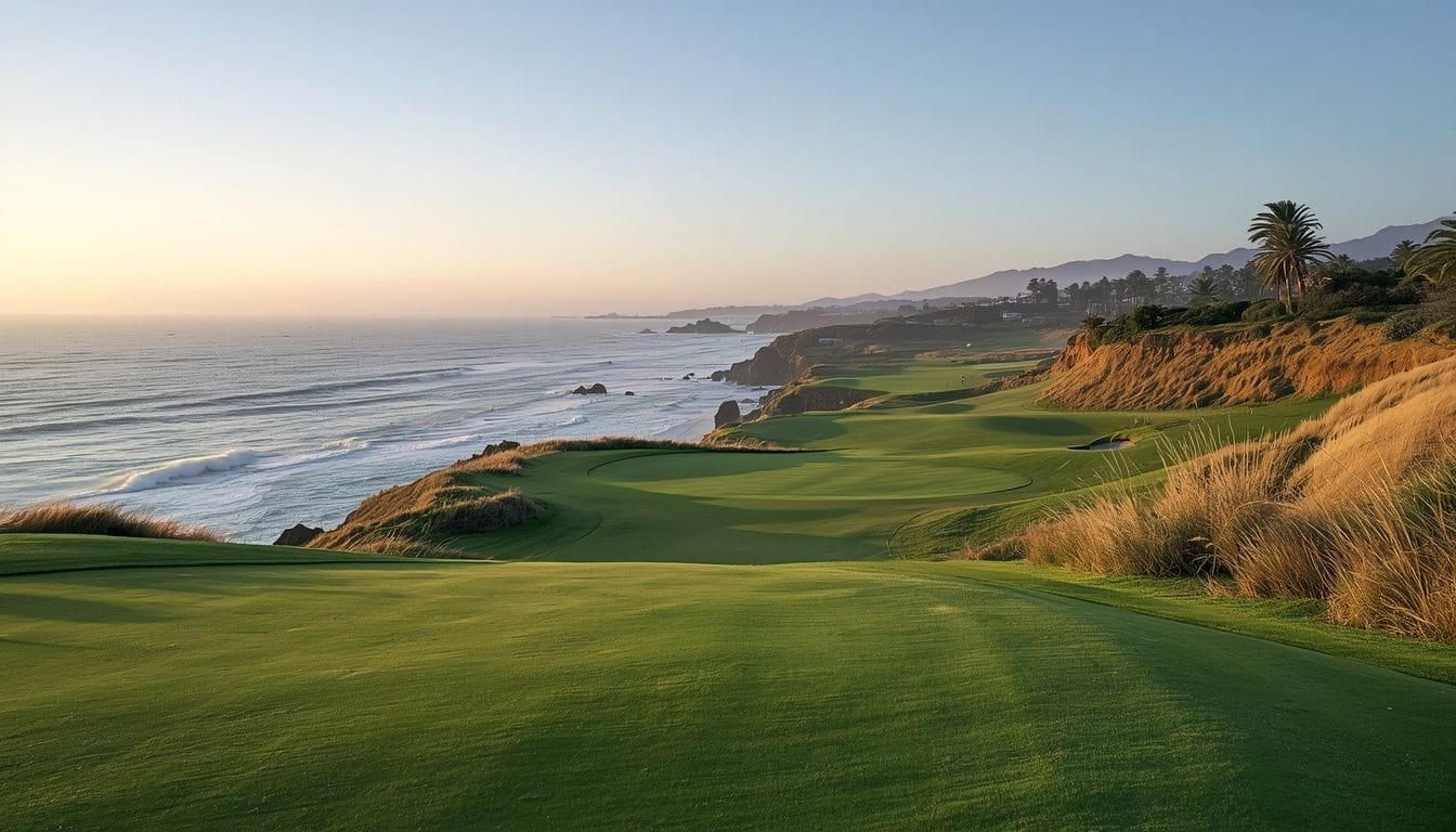 A golden-hour coastal golf fairway sweeping toward the Pacific. Demonstration image of a fictional course.