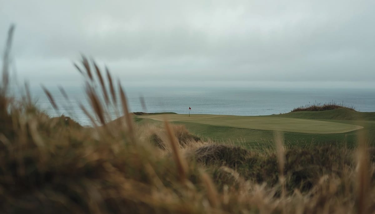 A firm coastal green seen through dune grass at day's end. Demonstration image of a fictional course.