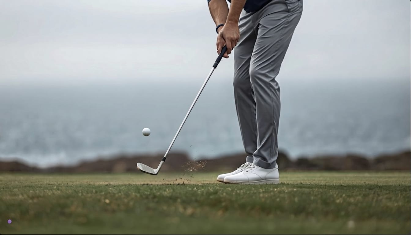 A golfer plays a crisp iron shot on a coastal course. Demonstration image of a fictional course.
