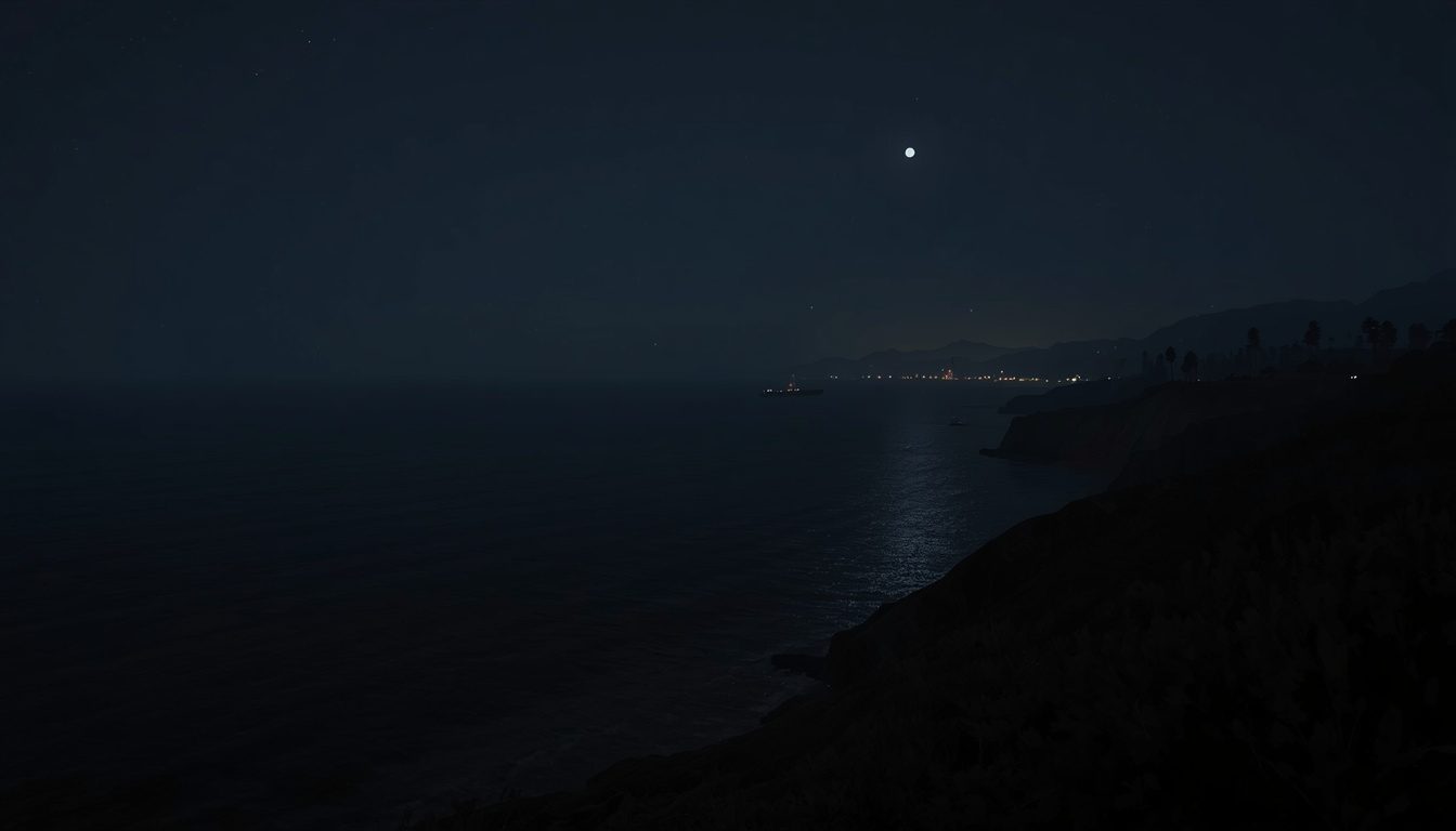 A quiet stretch of coastline at dusk.