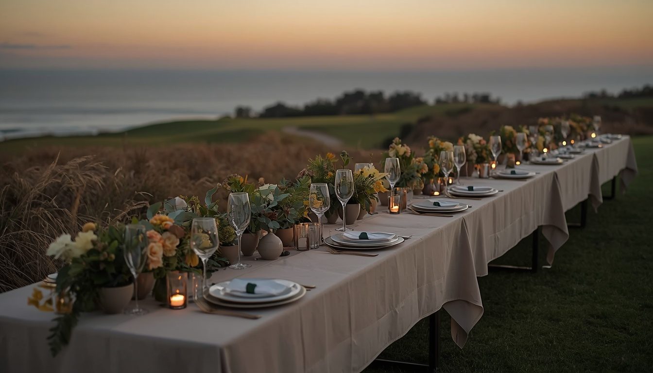 A long table set for dinner on the bluff at dusk, the Pacific behind.