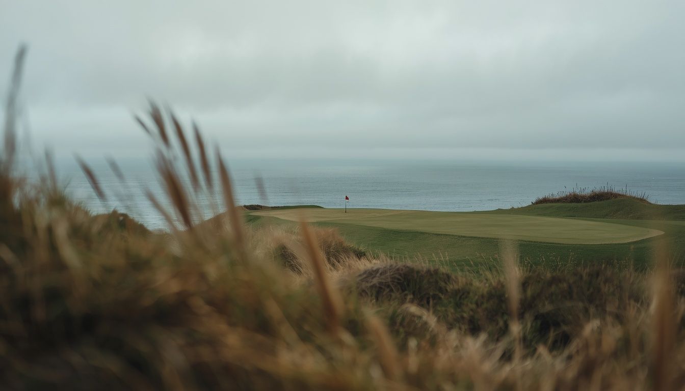 A green with a flag seen through coastal dune grass, flat overcast light, the ocean beyond.