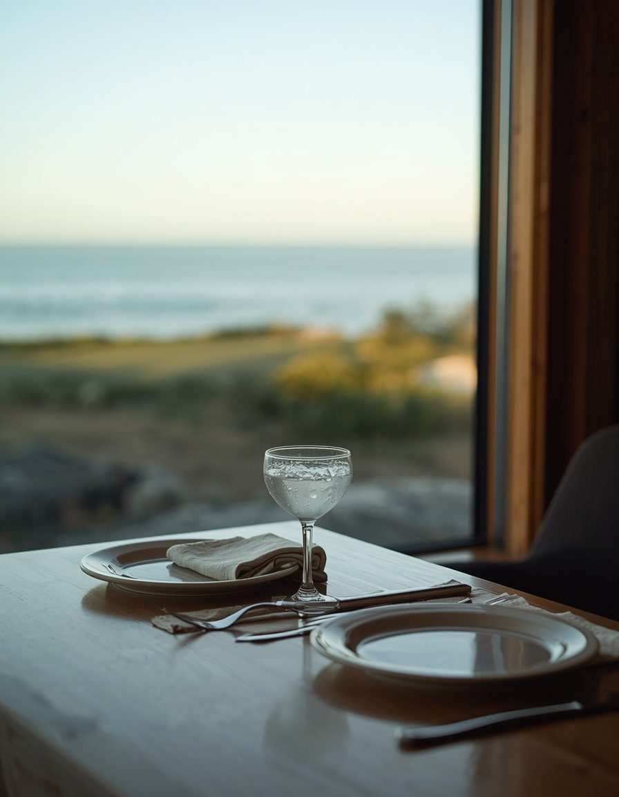 A quiet table set by a window over the coast at dusk.