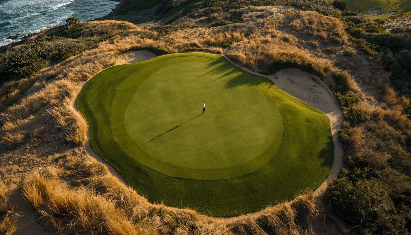 Aerial view of the green perched at the cliff edge, a lone flag, the Pacific breaking below.