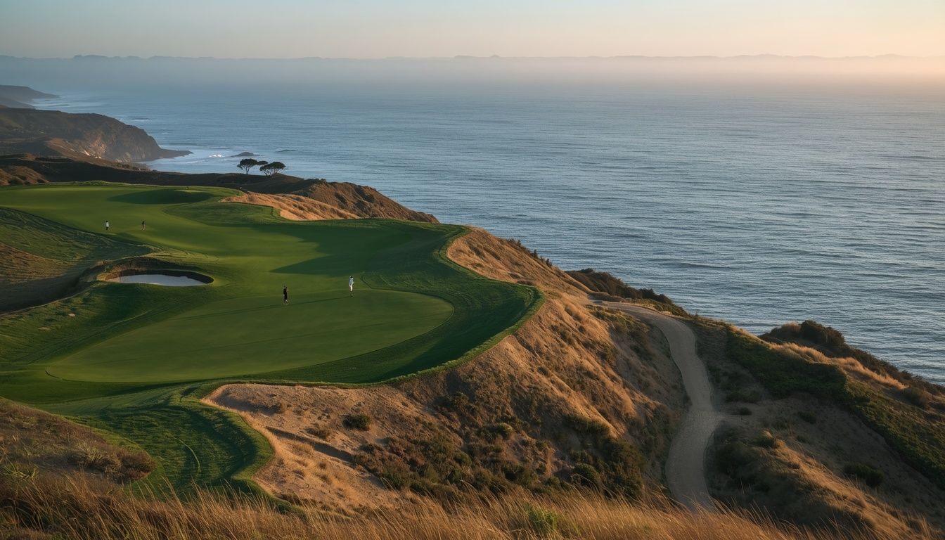 Hole 13: a green on the bluff with the fairway and path running down toward the open Pacific.