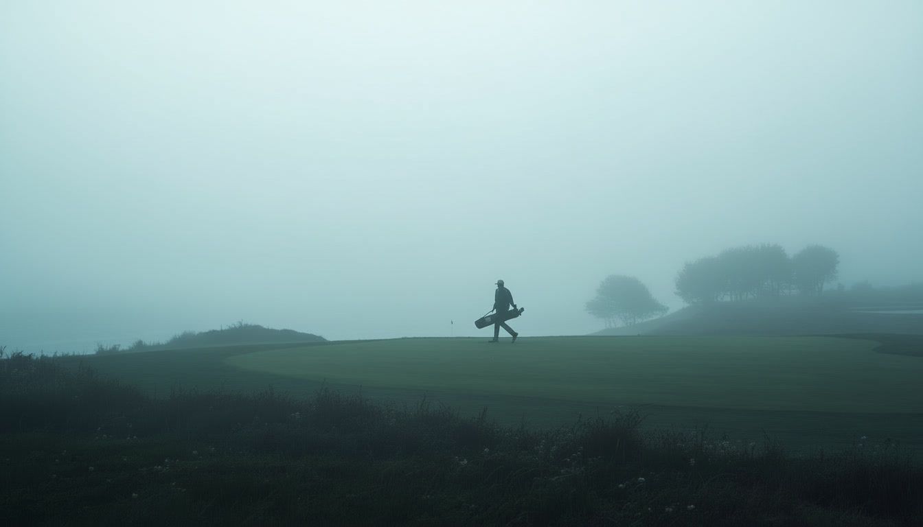A lone golfer walking with a bag through heavy marine-layer fog on the course.