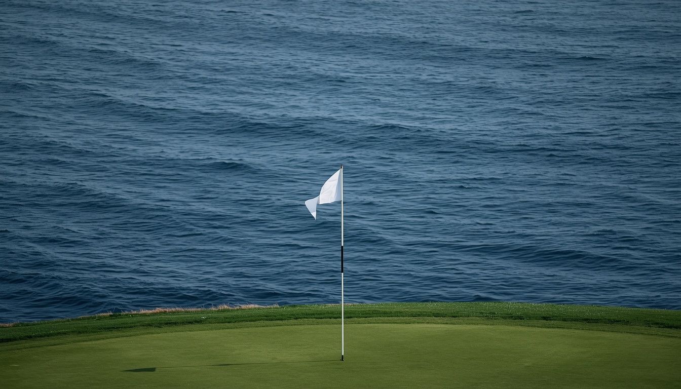 A single flag on a green that ends at the Pacific — nothing beyond but open water.