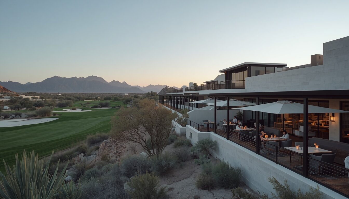 An open-air dining terrace at the edge of the course at dusk. Demonstration image.