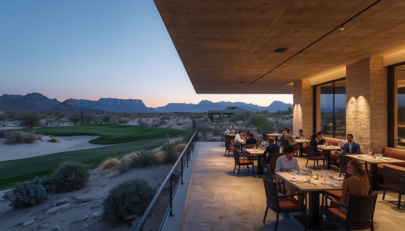 The Stone Table dining room in warm stone under low evening light. Demonstration image.