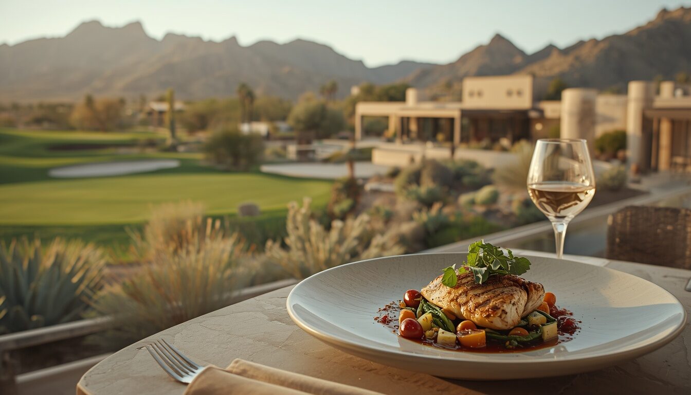 A signature plated dish in desert tones at The Stone Table. Demonstration image.