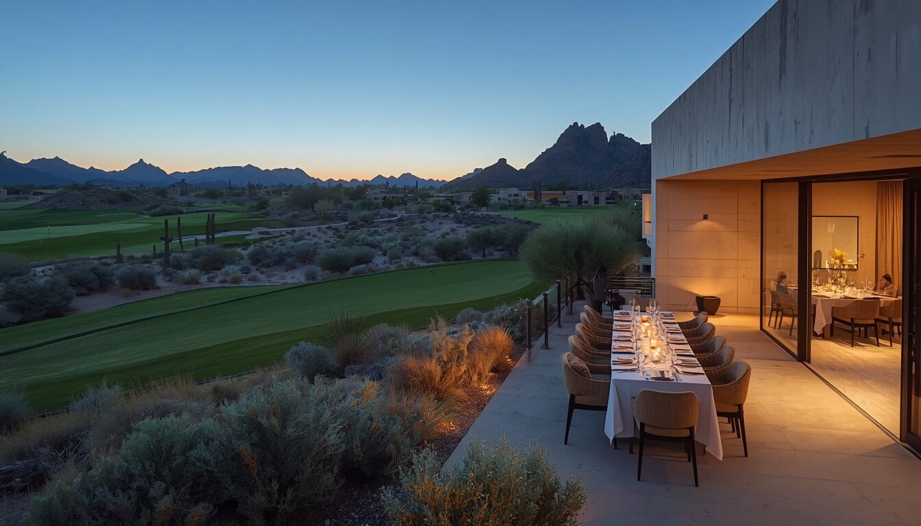 A long private dinner table set on the desert terrace at night. Demonstration image.