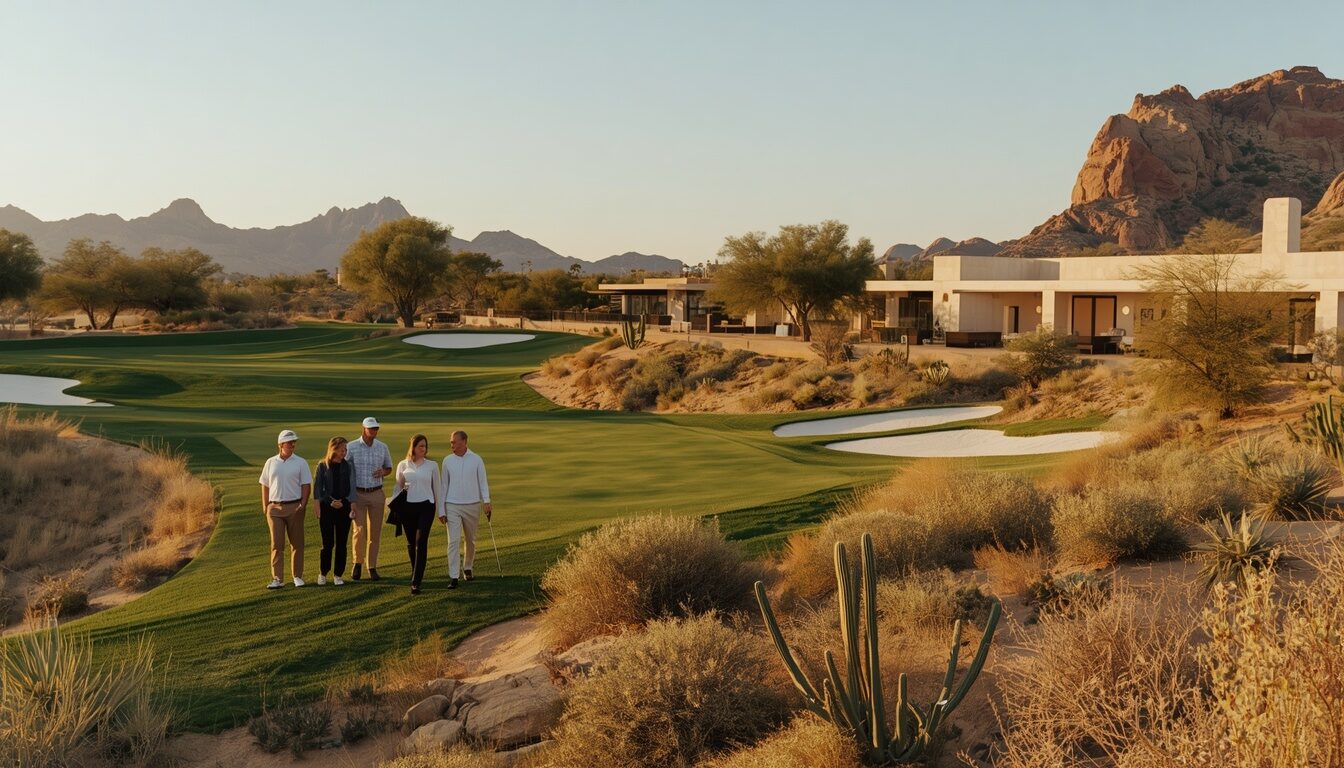A group golf outing staged across the desert course. Demonstration image of a fictional property.
