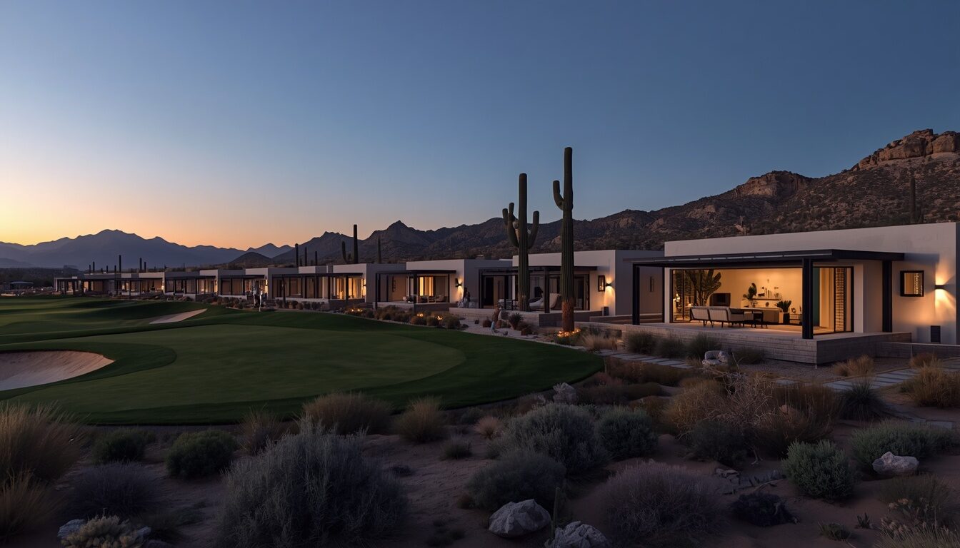 The low horizontal clubhouse in pale stone with deep shade. Demonstration image of a fictional property.