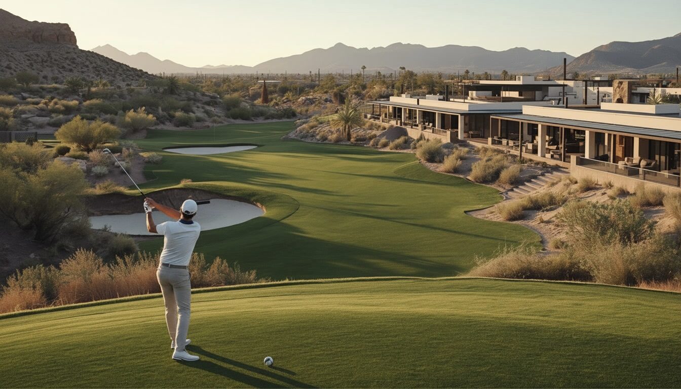A full desert practice range with target greens. Demonstration image of a fictional facility.