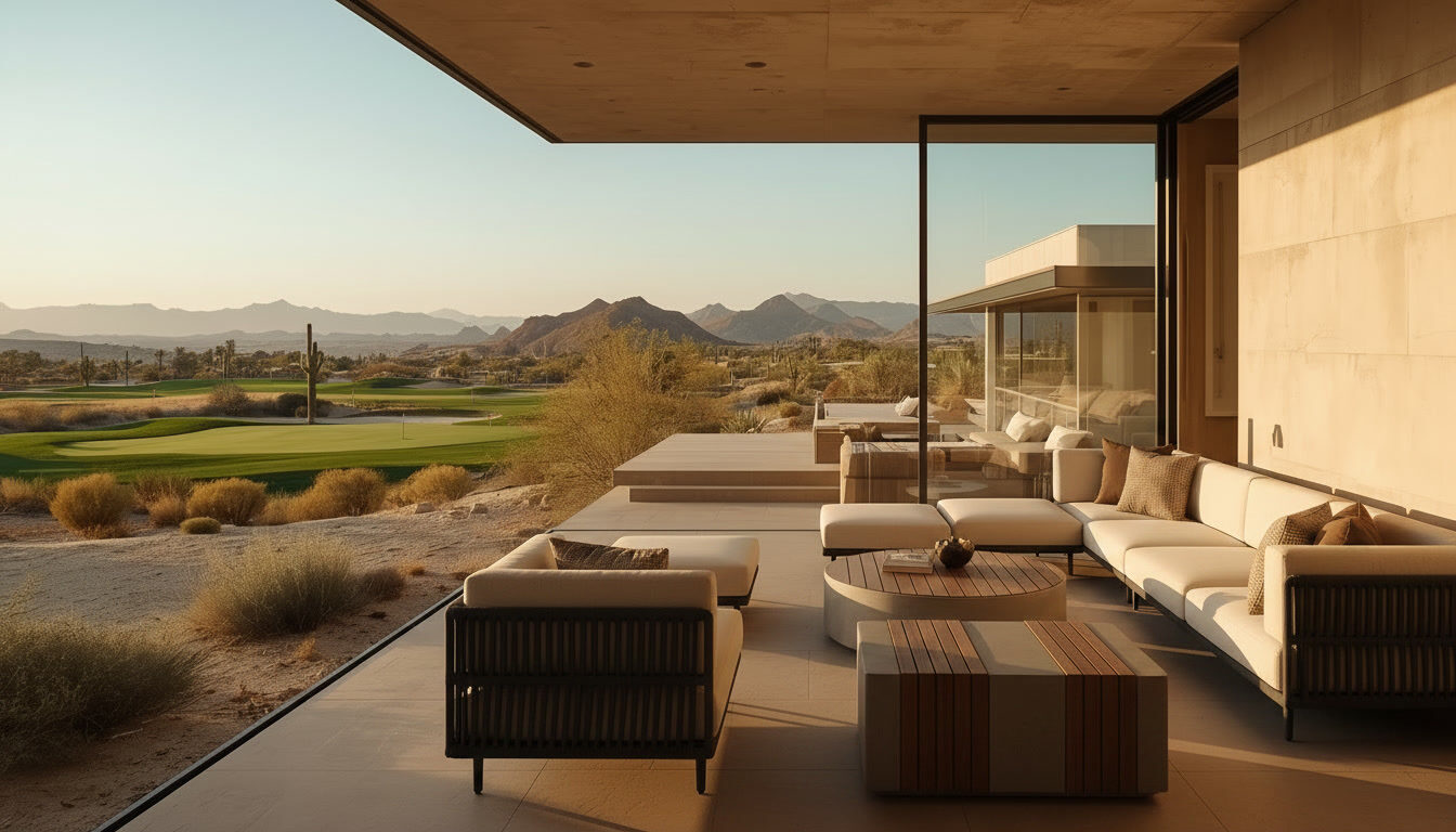 A guest suite in natural materials with a private terrace. Demonstration image.