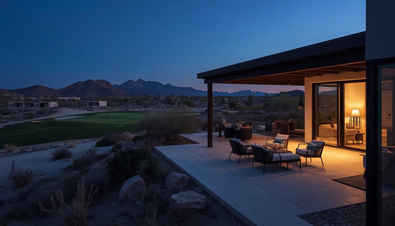 A private casita terrace at dusk. Demonstration image.