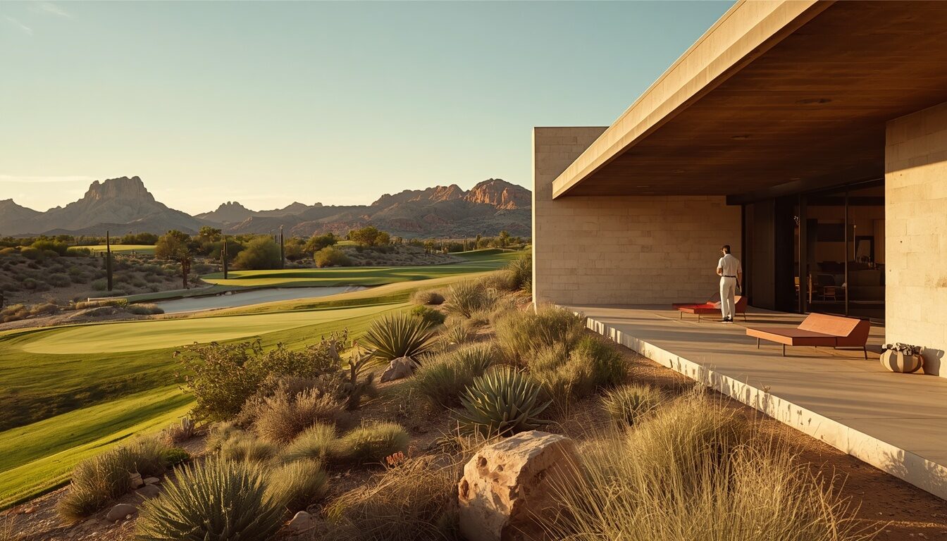 Low horizontal architecture in pale stone framing the open desert. Demonstration image of a fictional property.