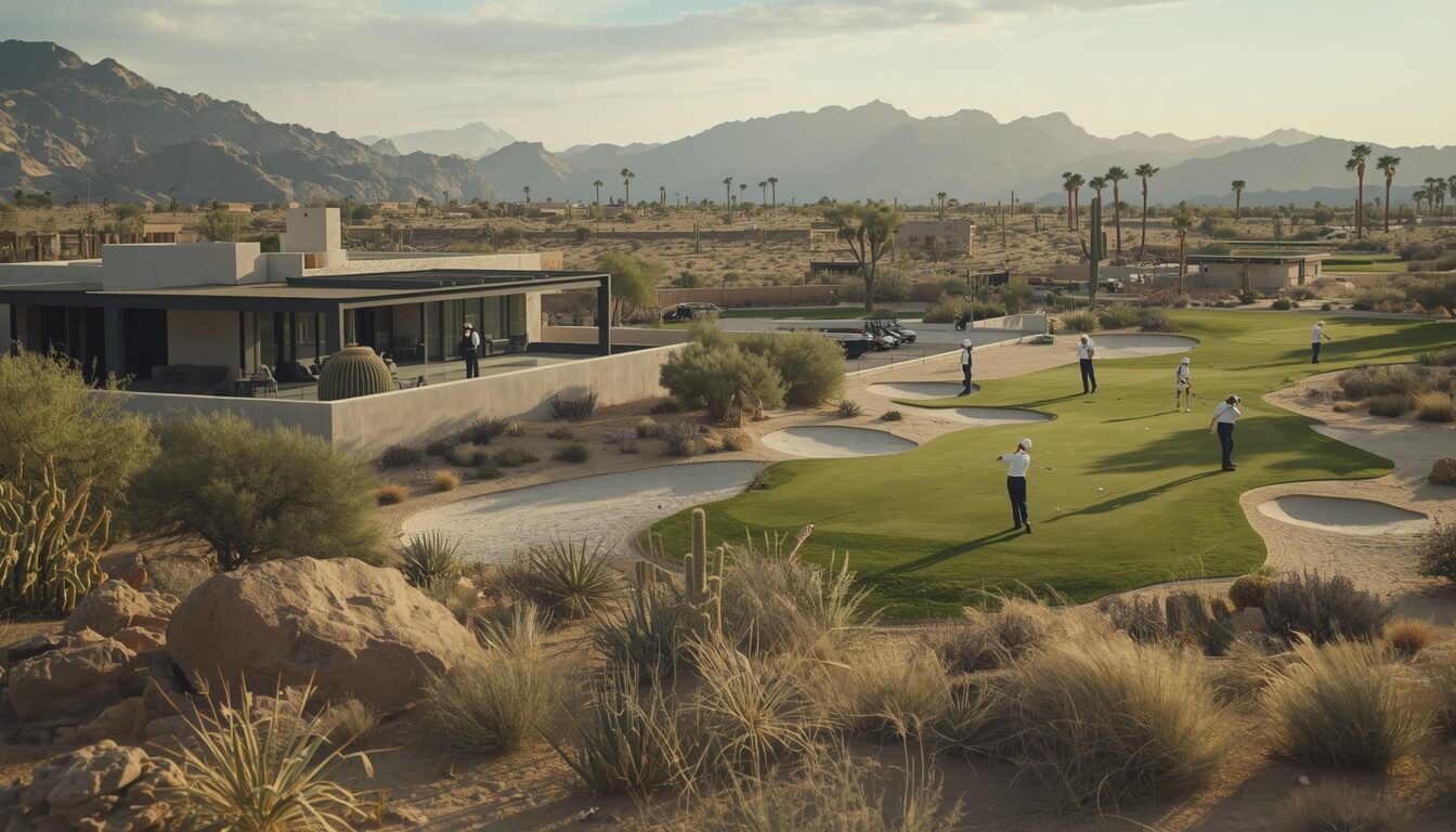 Native desert planting meeting the edge of a fairway. Demonstration image of a fictional course.
