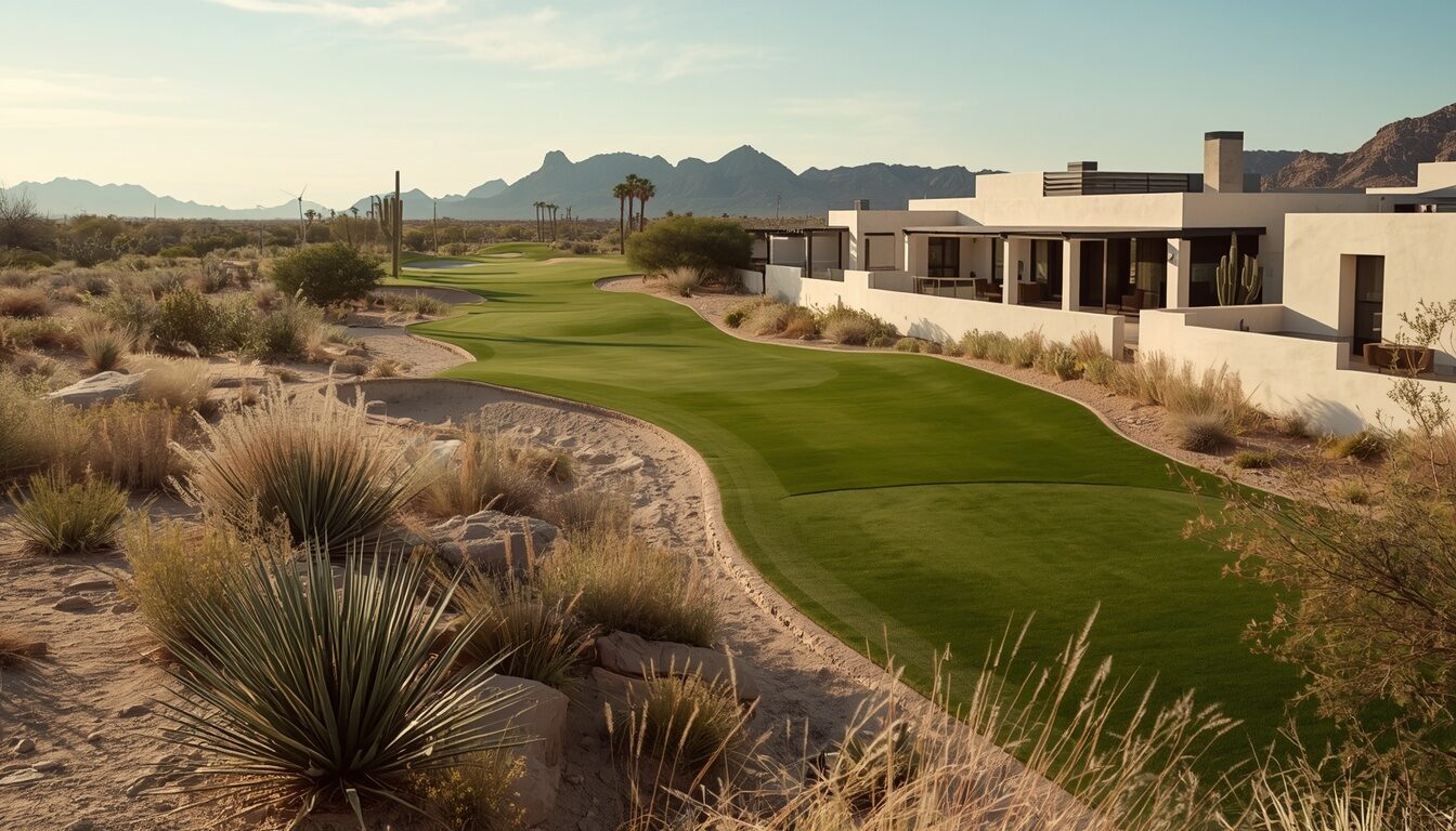 Hole 8 at Canyon House — Three Ways Home, par 5. Demonstration image of a fictional course.