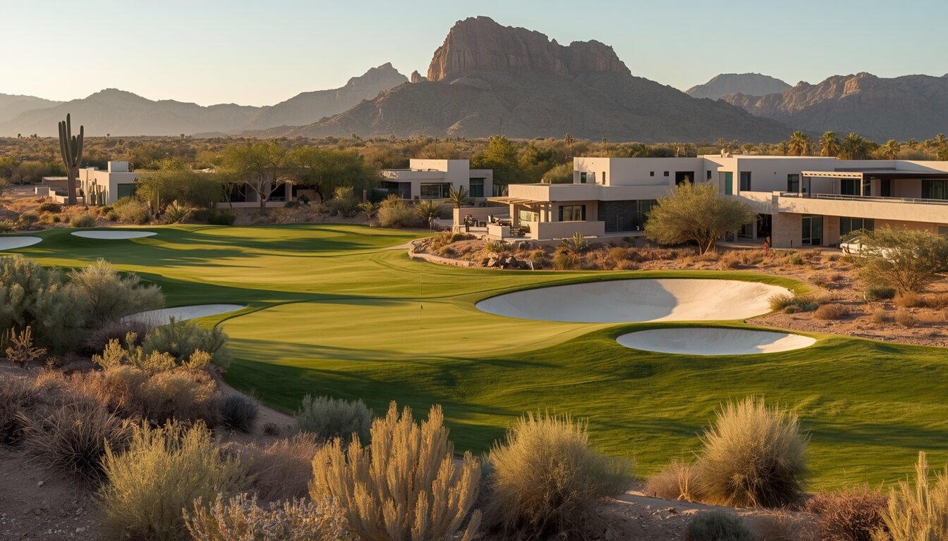 Hole 14 at Canyon House — Long Shadow, par 4. Demonstration image of a fictional course.