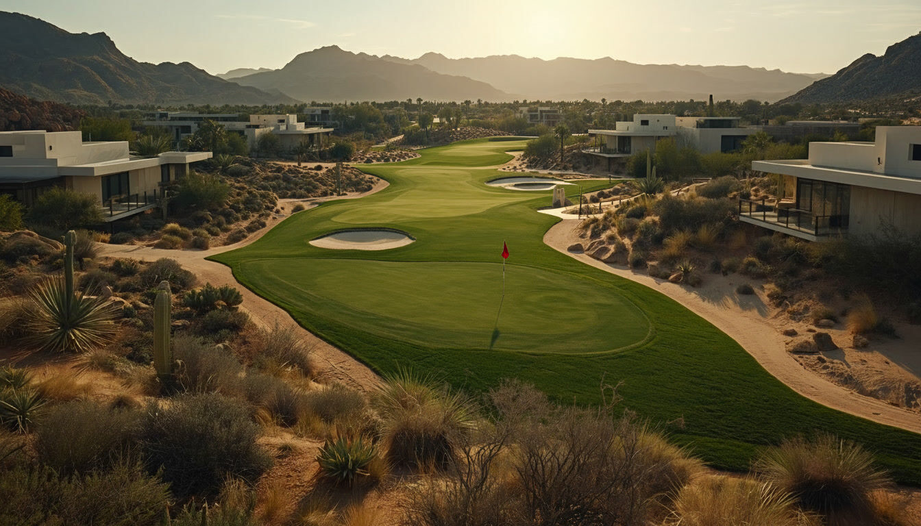 Hole 15 at Canyon House — The Narrows, par 4. Demonstration image of a fictional course.
