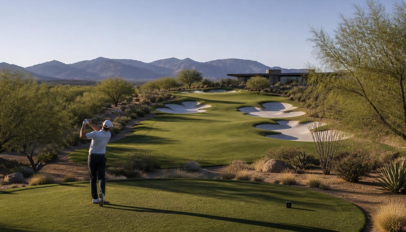 Hole 16 at Canyon House — Last Big Swing, par 5. Demonstration image of a fictional course.