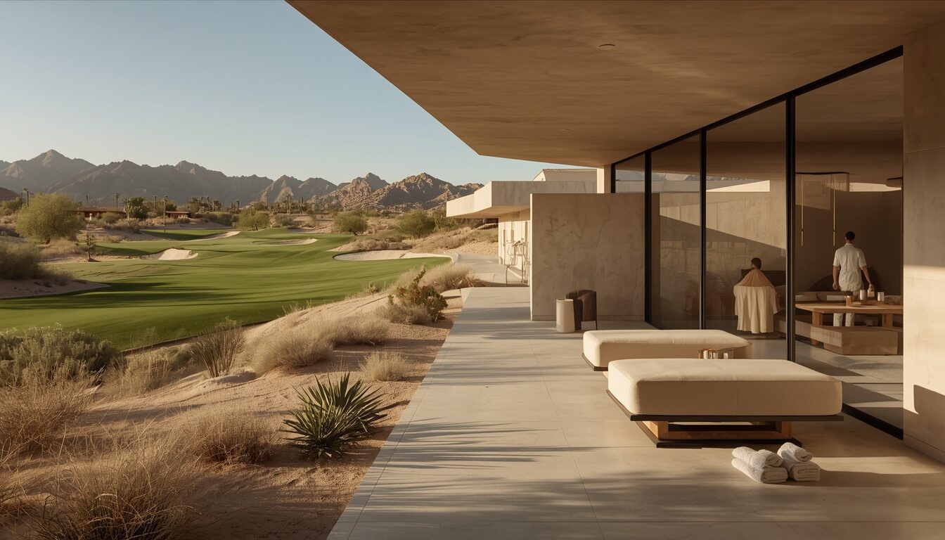 A quiet recovery and treatment room in warm stone and shade. Demonstration image.