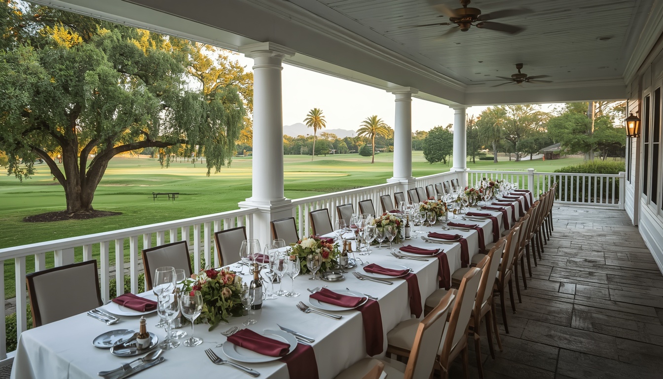An elegant private dinner set on the covered veranda at Alderwick. Demonstration image of a fictional course.