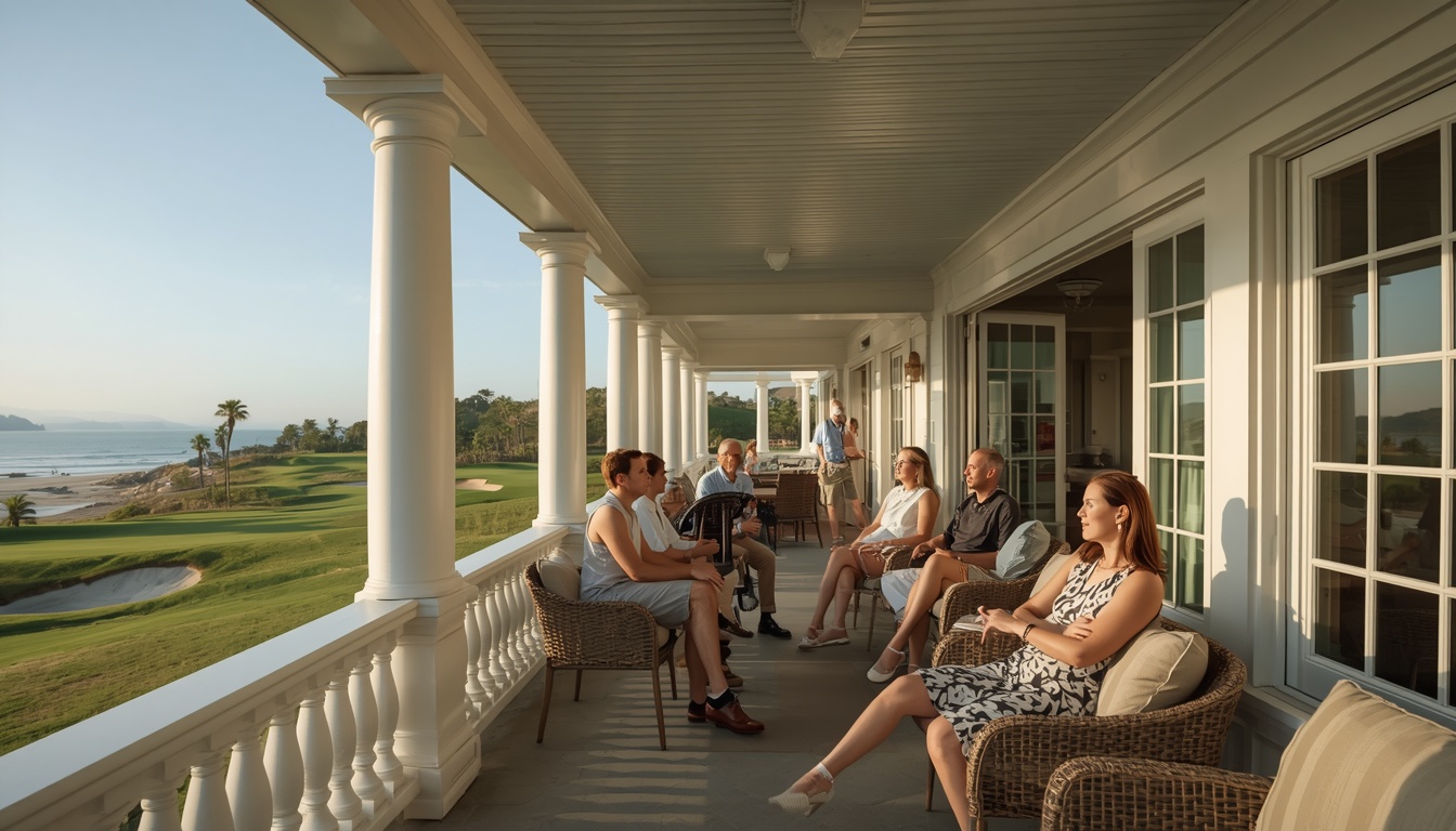 Club members socializing on the clubhouse veranda at Alderwick. Demonstration image of a fictional course.