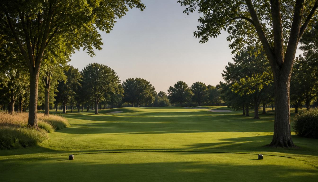 A wide, immaculate parkland fairway framed by mature oak and alder in soft late-afternoon light. Demonstration image of a fictional course.
