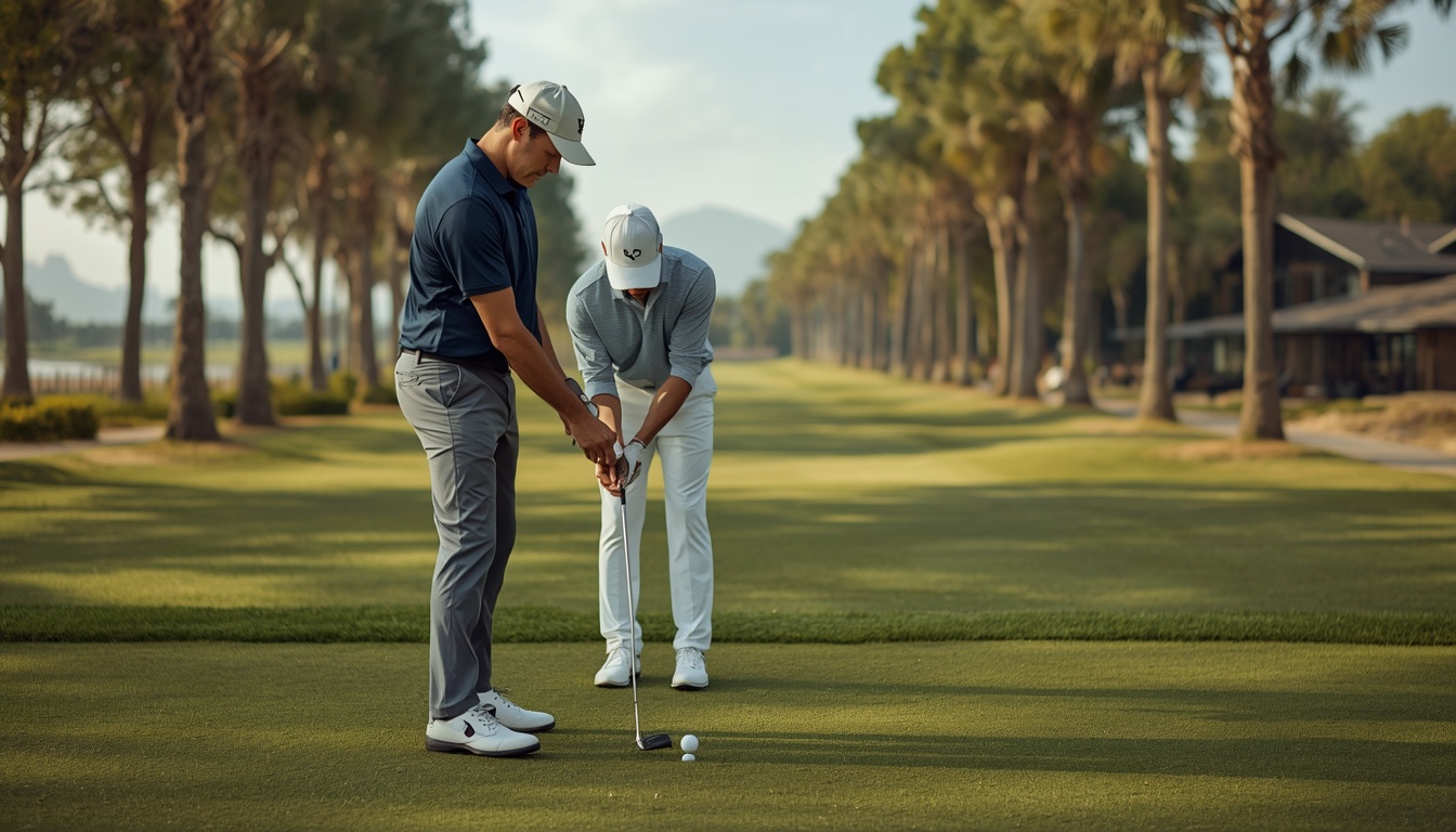 A professional gives a private lesson on the practice tee. Demonstration image of a fictional course.