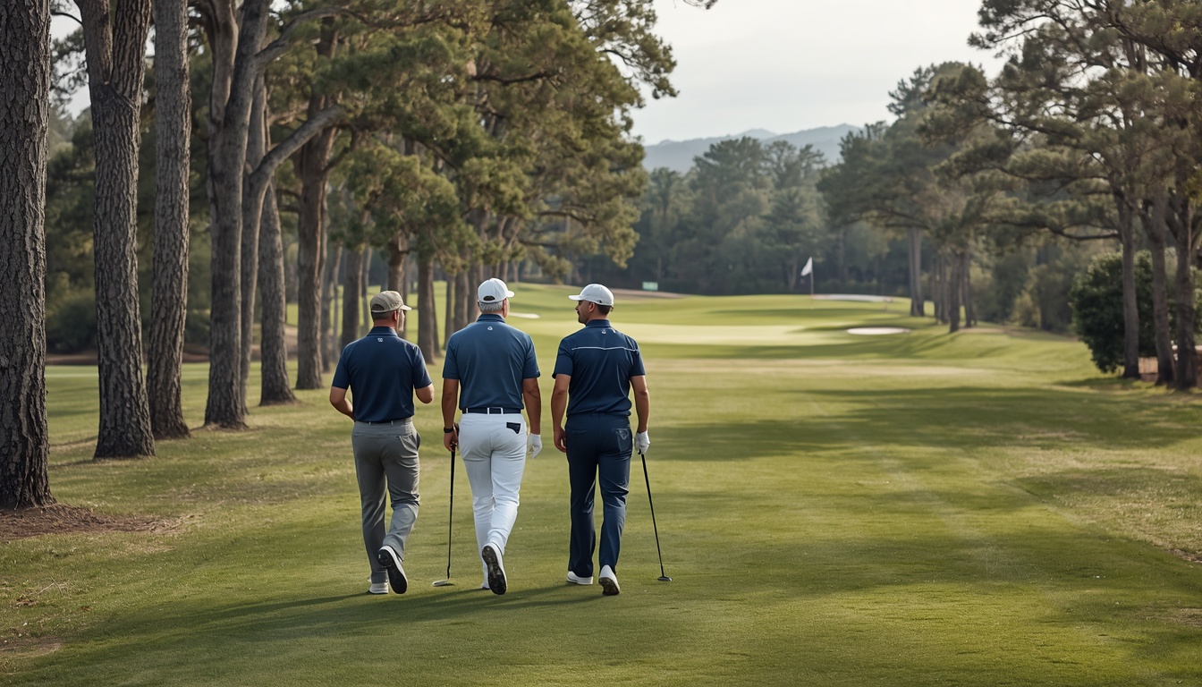 Golfers walking a tree-lined fairway during a group outing. Demonstration image of a fictional course.