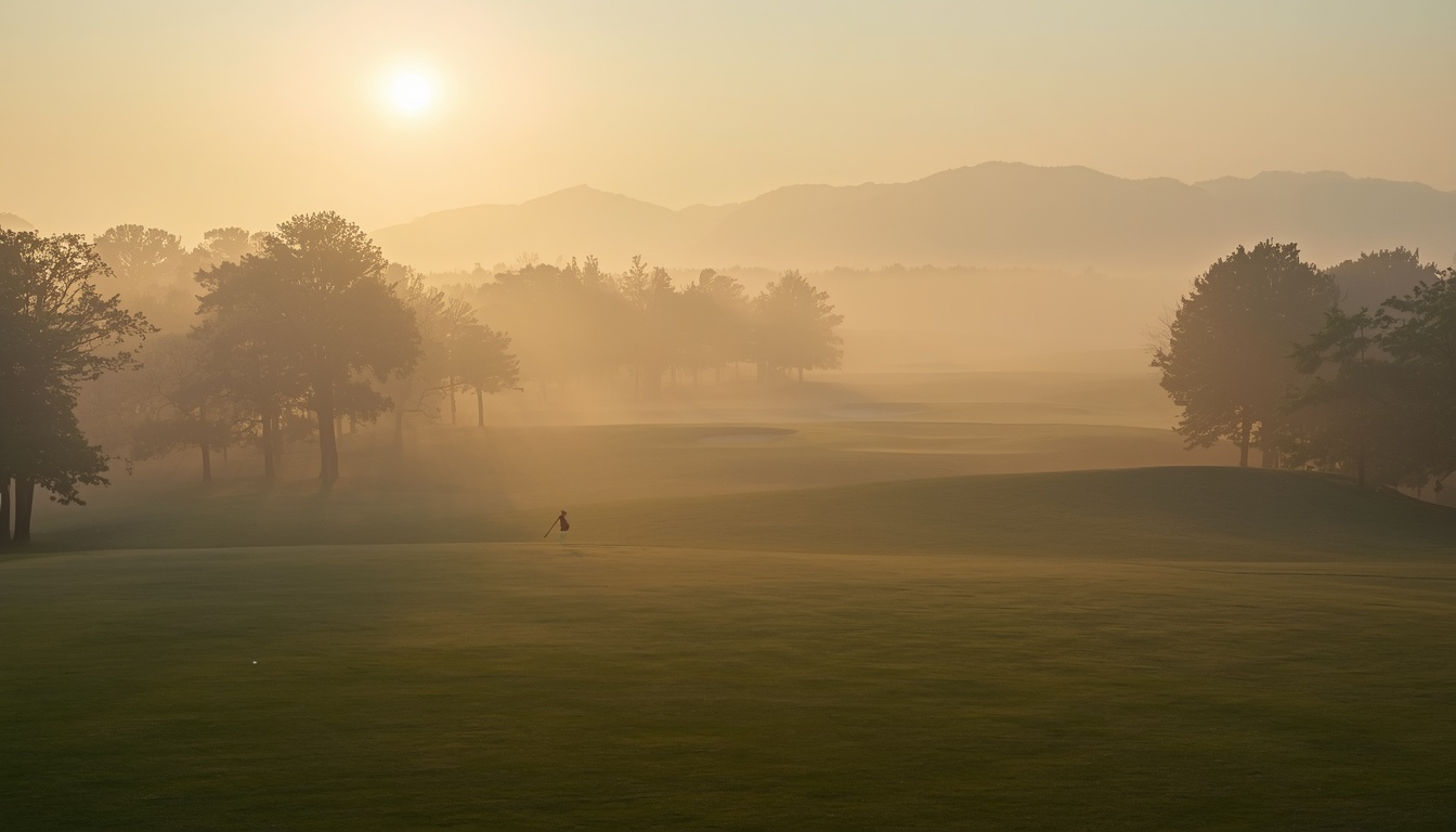 A panoramic view across several connected holes at Alderwick in soft light. Demonstration image of a fictional course.