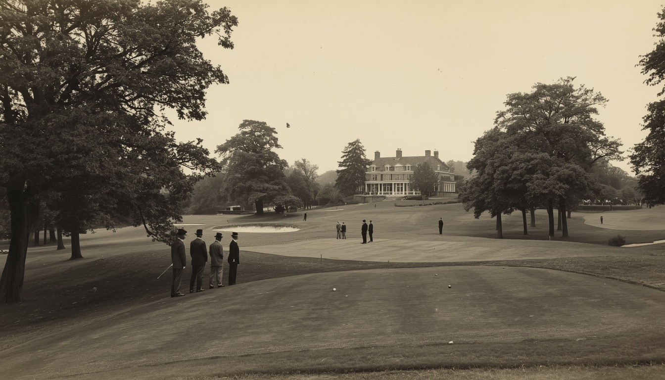 A fictional archival photograph from the 1920s showing the early Alderwick course. Demonstration image of a fictional course.