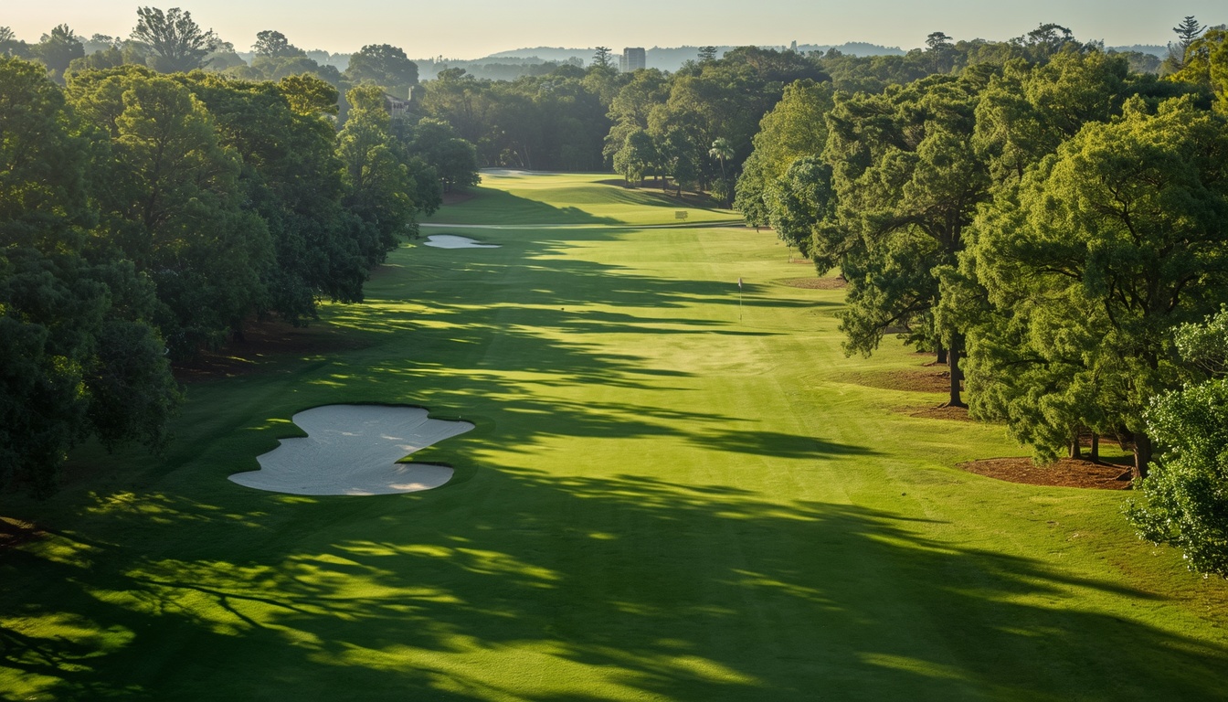 An elevated view down a tree-lined parkland fairway at Alderwick. Demonstration image of a fictional course.