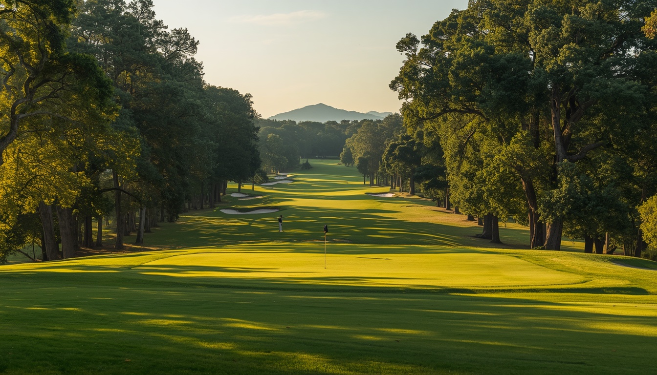 Hole 7, The Dell — a strong par four viewed from an elevated tee. Demonstration image of a fictional course.